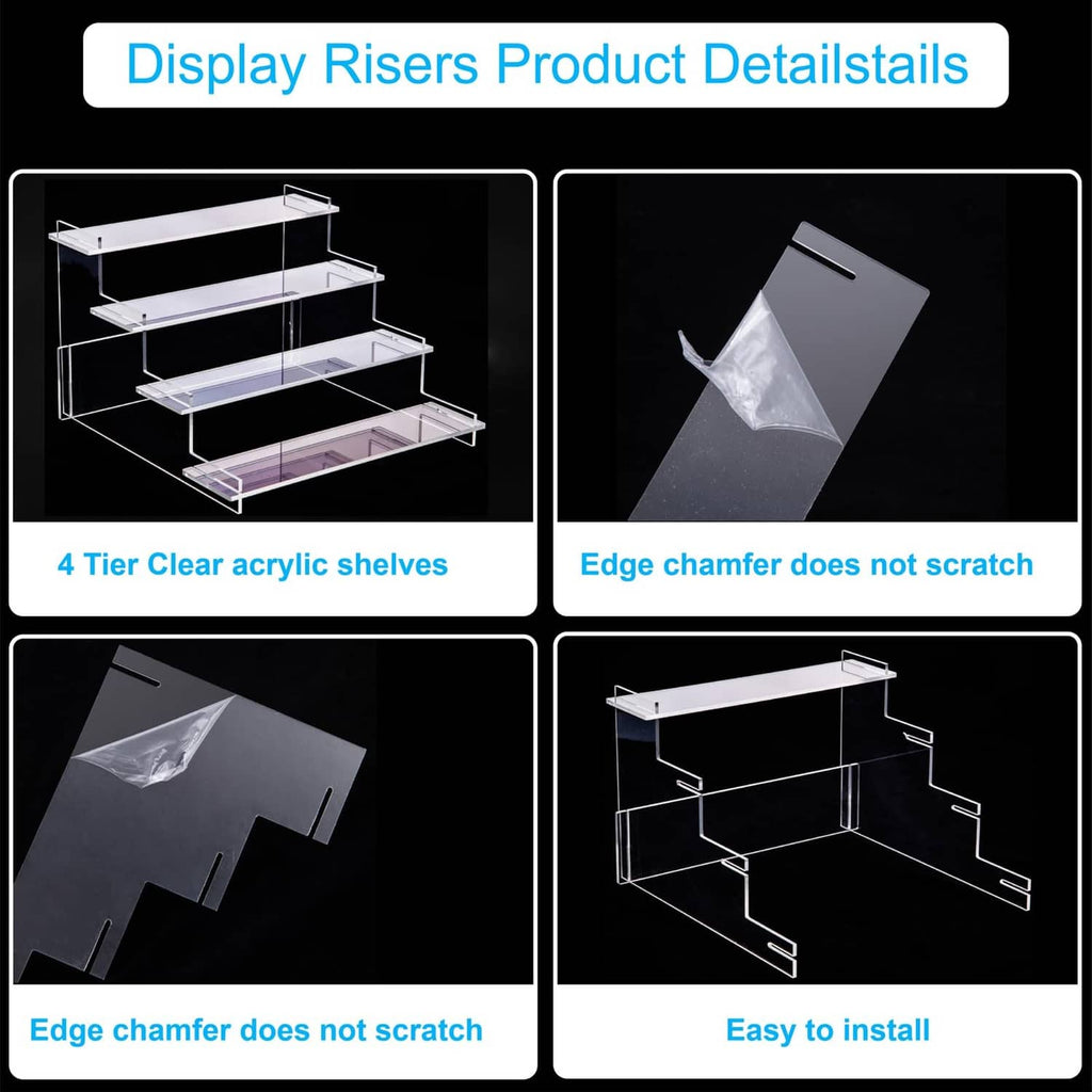 Clear acrylic 4-tier shelves with smooth edge chamfer and interlocking design
