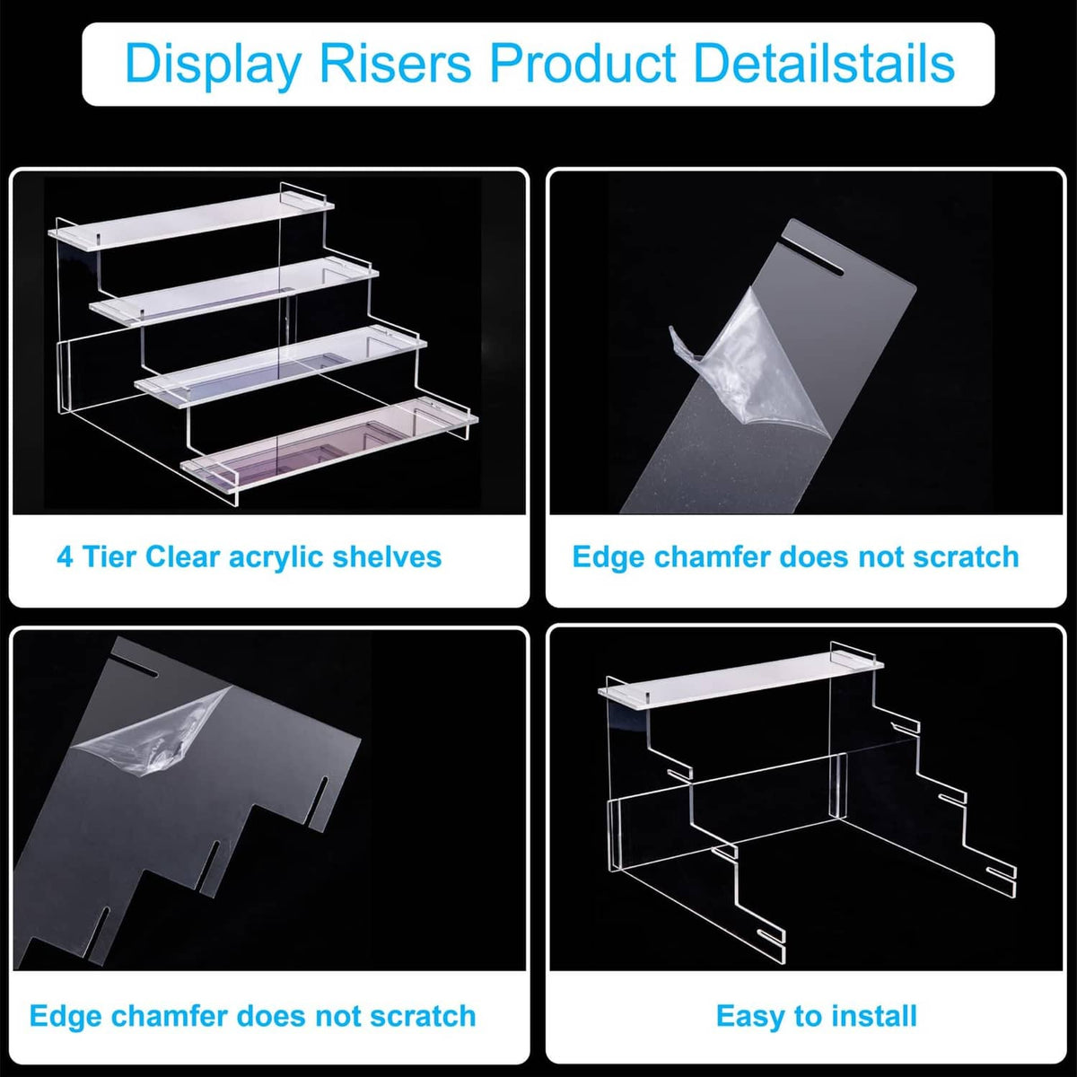 Clear acrylic 4-tier shelves with smooth edge chamfer and interlocking design