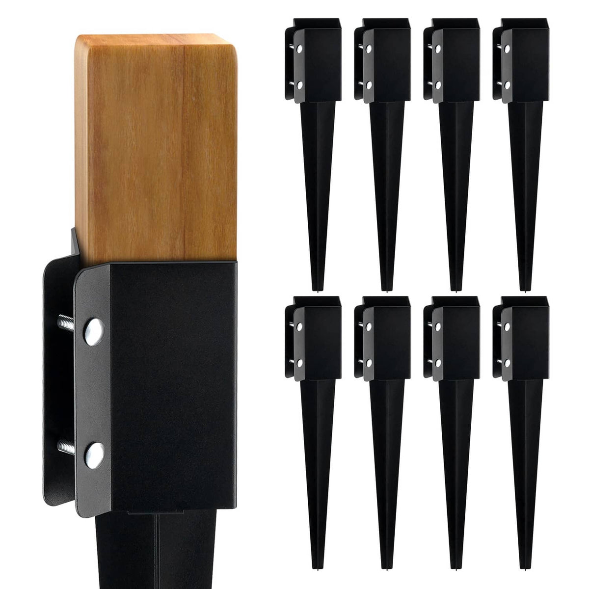 Black metal fence post ground spike anchors with mounting bracket, 8-pack
