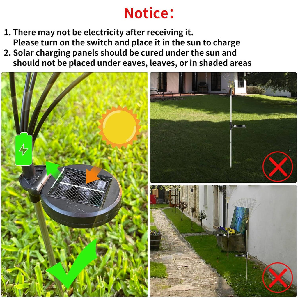 Solar stake light set with round solar panel base and two garden stakes