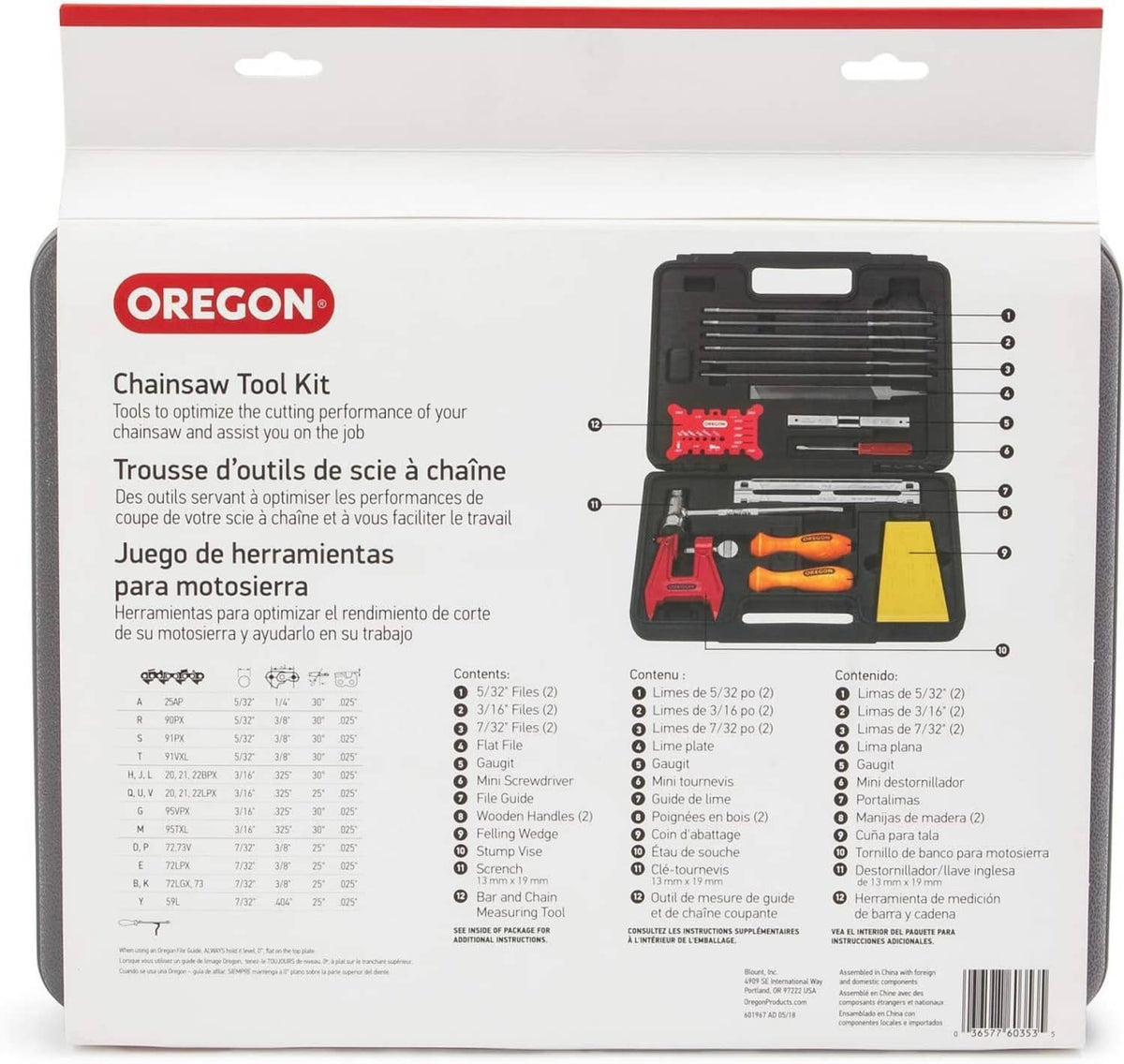 Oregon chainsaw tool kit retail box back with printed tool list and tool diagrams