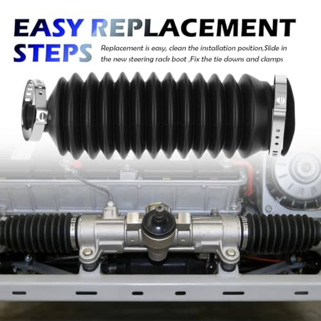 Long black ribbed inner tie rod boot with metal clamp rings installed in engine bay