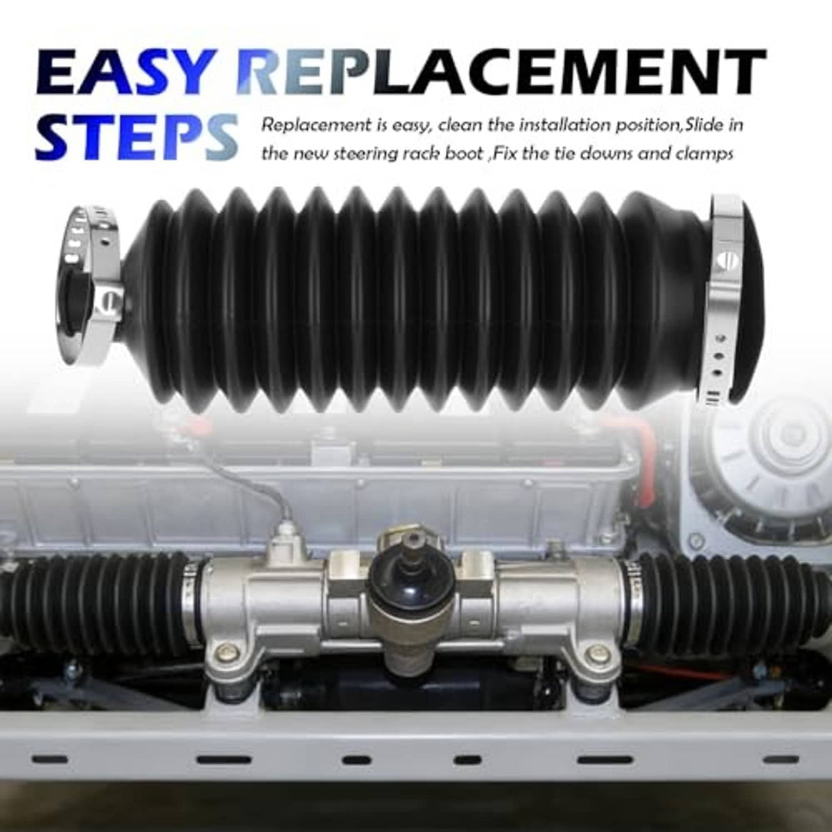 Long black ribbed inner tie rod boot with metal clamp rings installed in engine bay