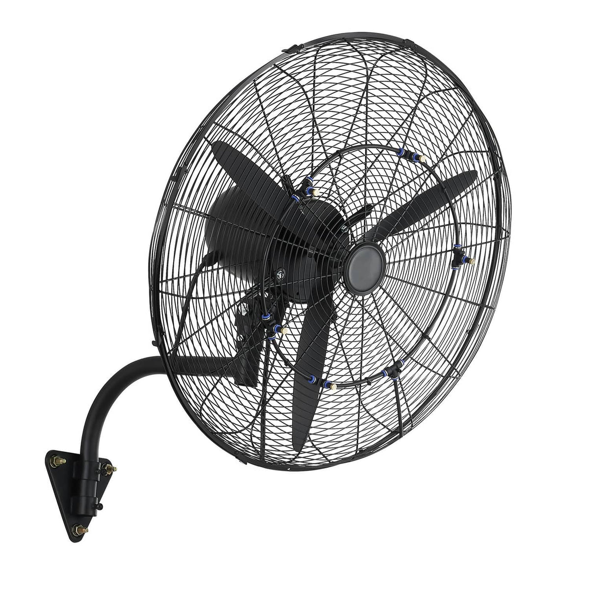Wall-mounted oscillating mist fan close-up front view, black grille and five blades