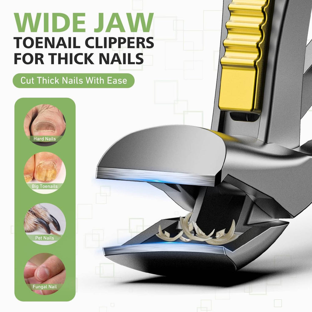 Wide-jaw toenail clipper with yellow spring insert, silver, arched handle