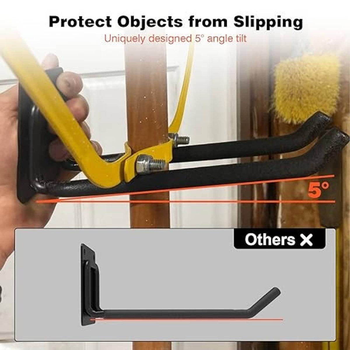 Black garage storage hook with curved arm mounted to a wall panel