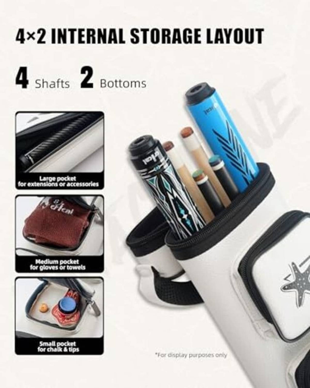 White pool cue case with 4-shaft and 2-bottom internal storage plus accessory pockets