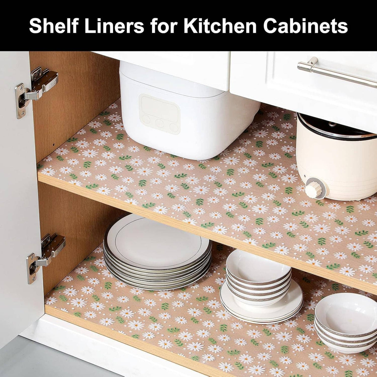 Non-adhesive shelf liner, beige with white daisy pattern, for cabinet shelves