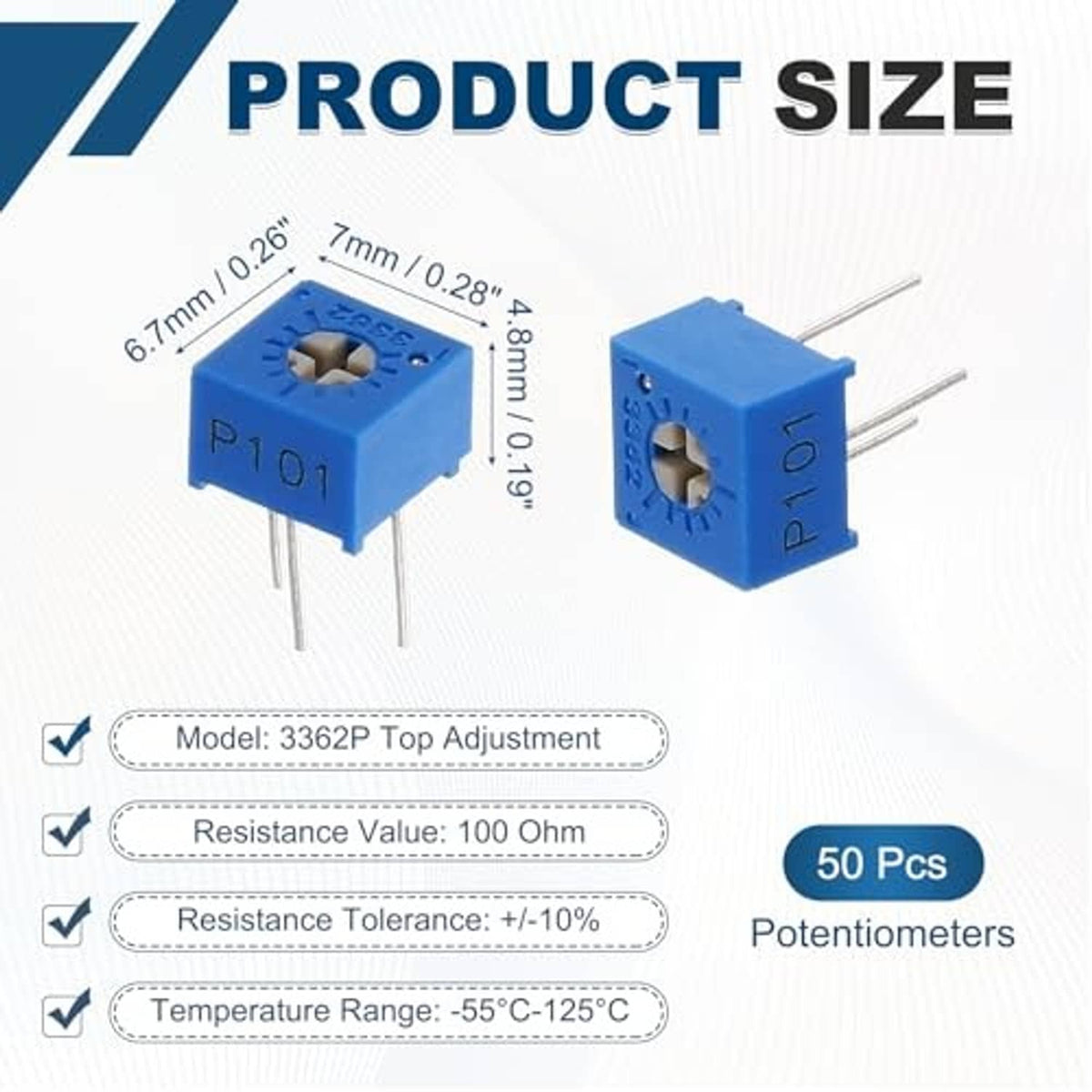 Two blue top-adjust trimmer potentiometers, top and side views with three-pin leads