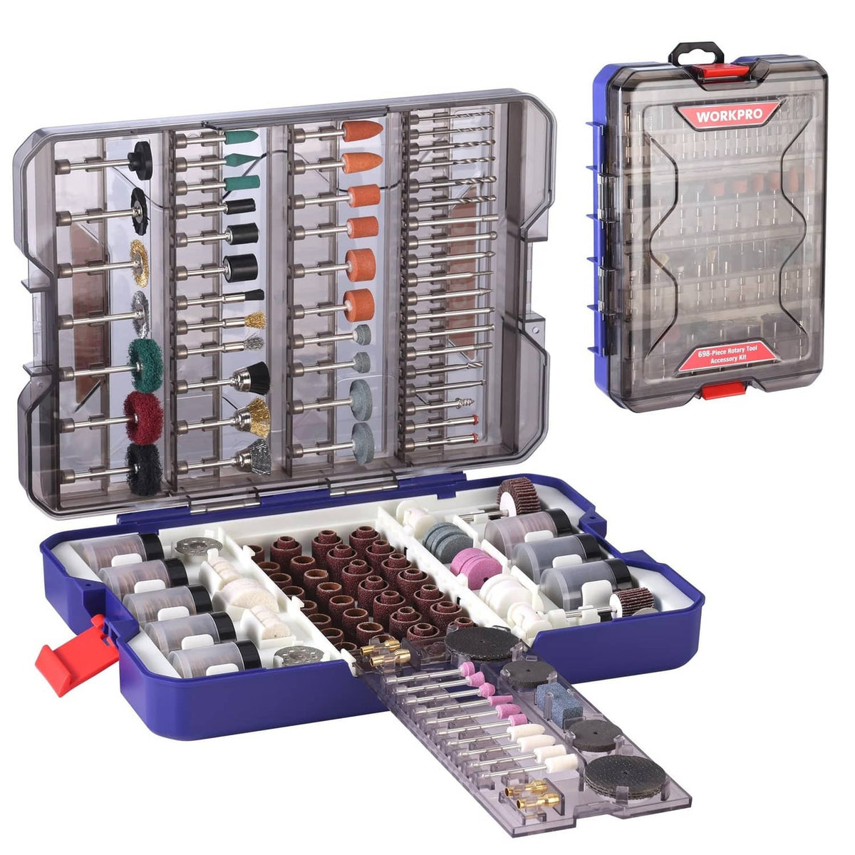 WORKPRO rotary tool accessory kit in blue-and-clear case with assorted bits