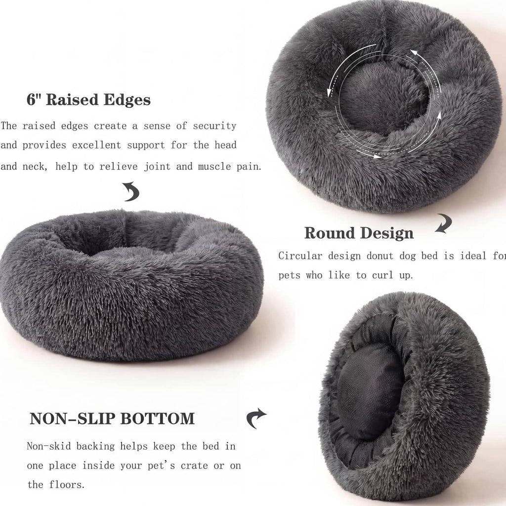 Dark grey round plush dog bed detail: raised edges and non-slip bottom.