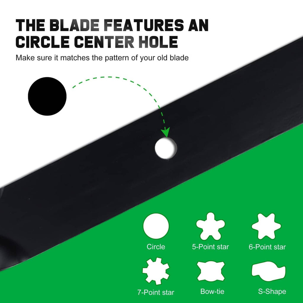 Black mower blade featuring a circle center hole and multiple mounting hole shapes