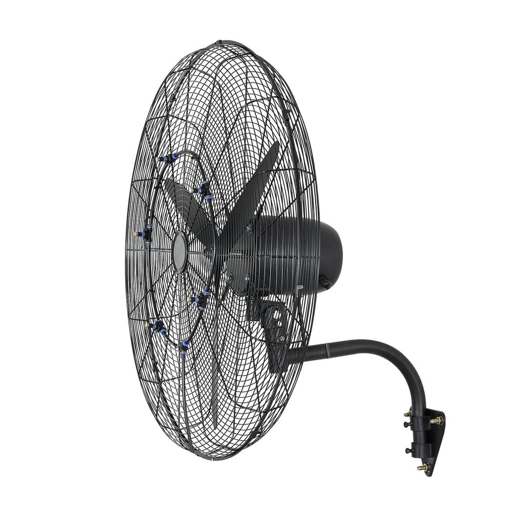 Wall-mounted oscillating fan with front grille and side motor housing, angled view