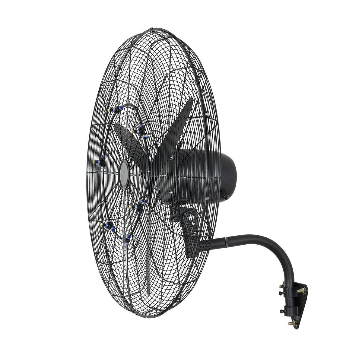 Wall-mounted oscillating fan with front grille and side motor housing, angled view