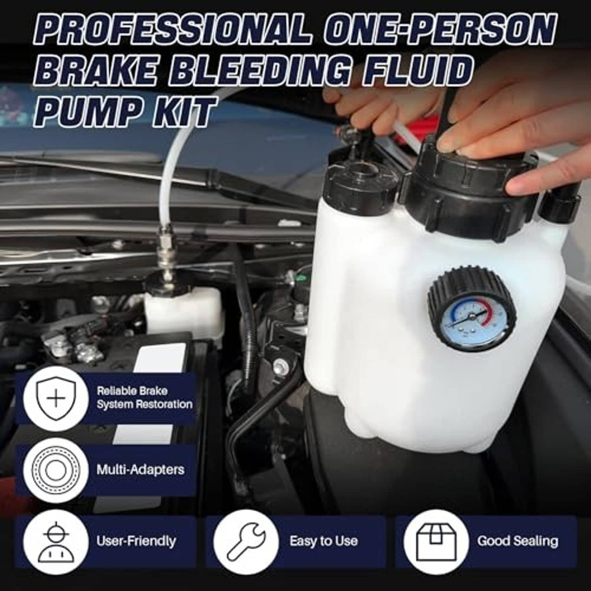 Brake bleeder fluid pump kit in use with connected hose, 3L container, and gauge