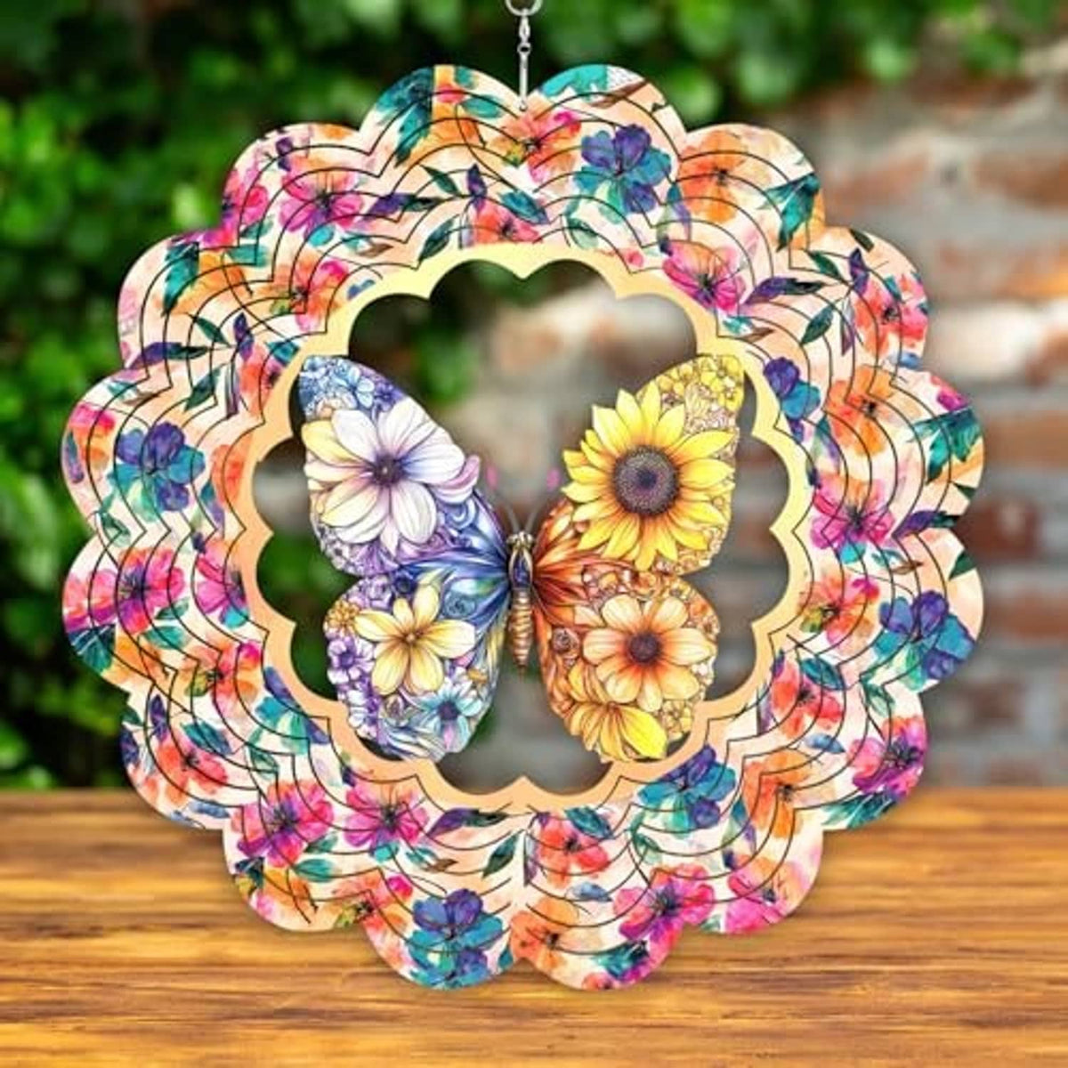3D butterfly-and-flower wind spinner with layered petal shapes and hanging hook