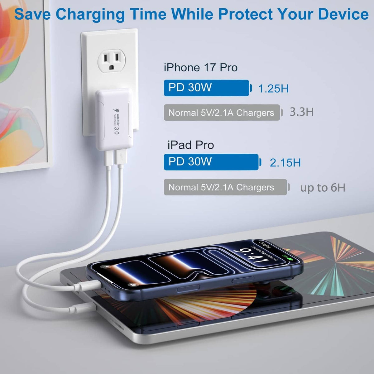 White USB-C wall charger plugged in with connected phone charging cable.