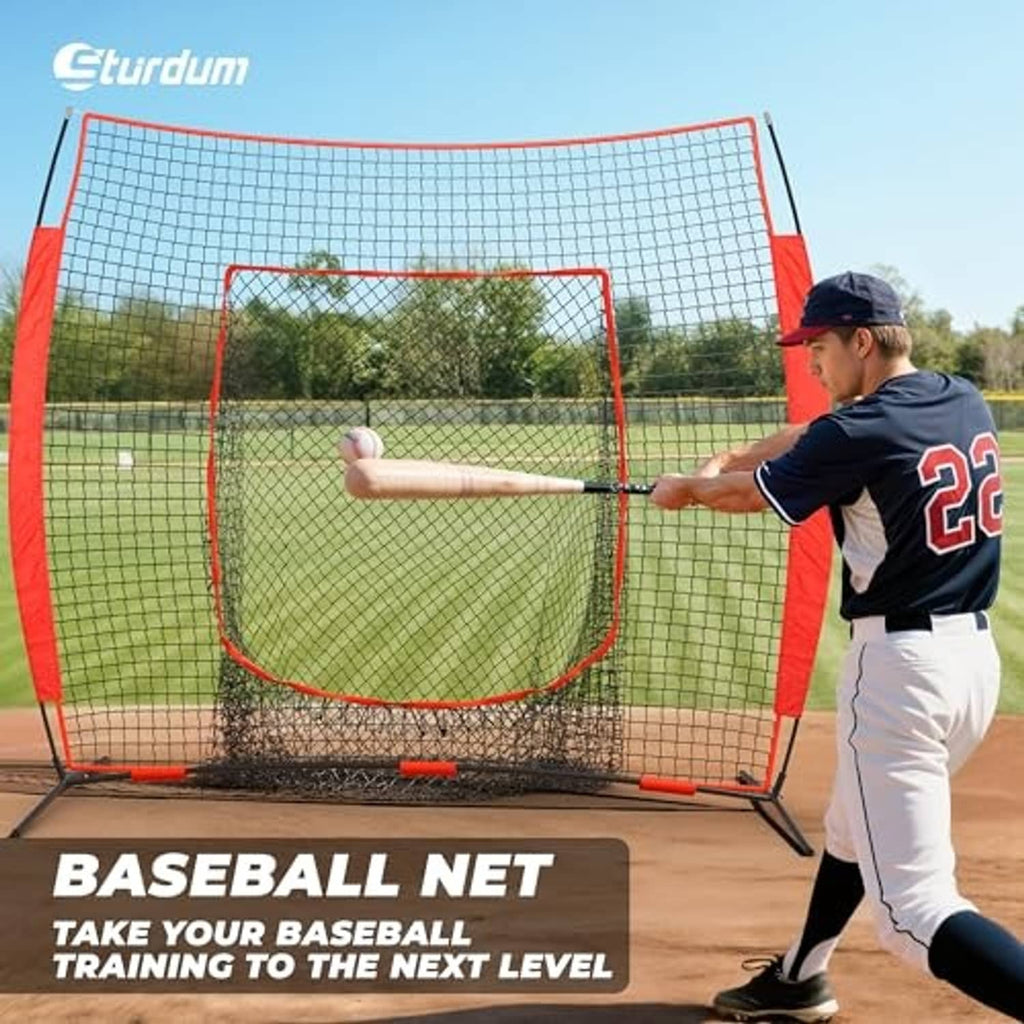 Baseball batting net with red frame and strike zone target, batting tee practice setup outdoors