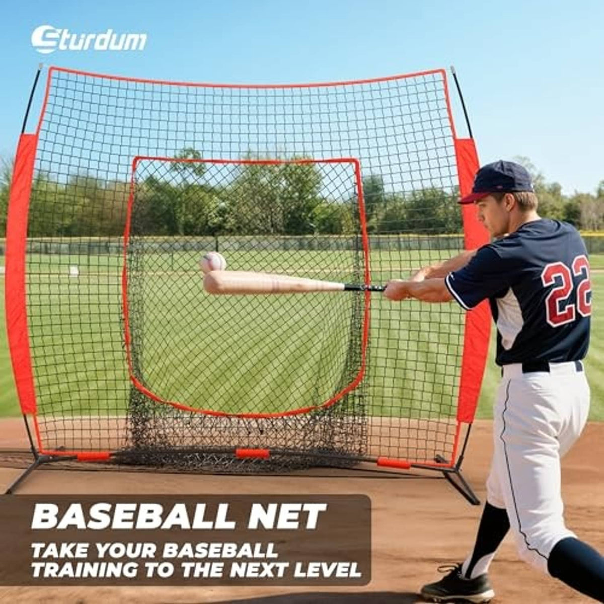 Baseball batting net with red frame and strike zone target, batting tee practice setup outdoors