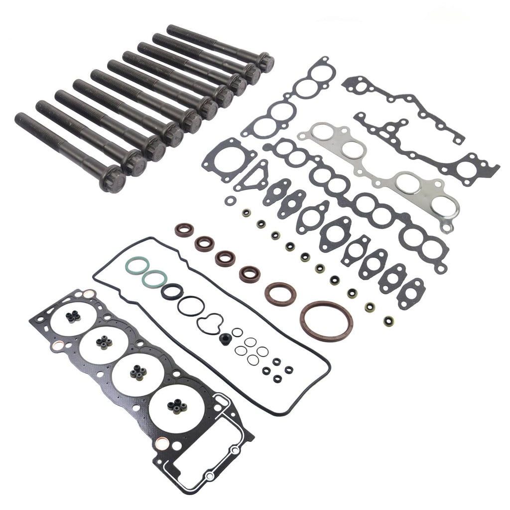 Engine head gasket set with bolts, kit pieces displayed: gaskets, seals, and bolts.
