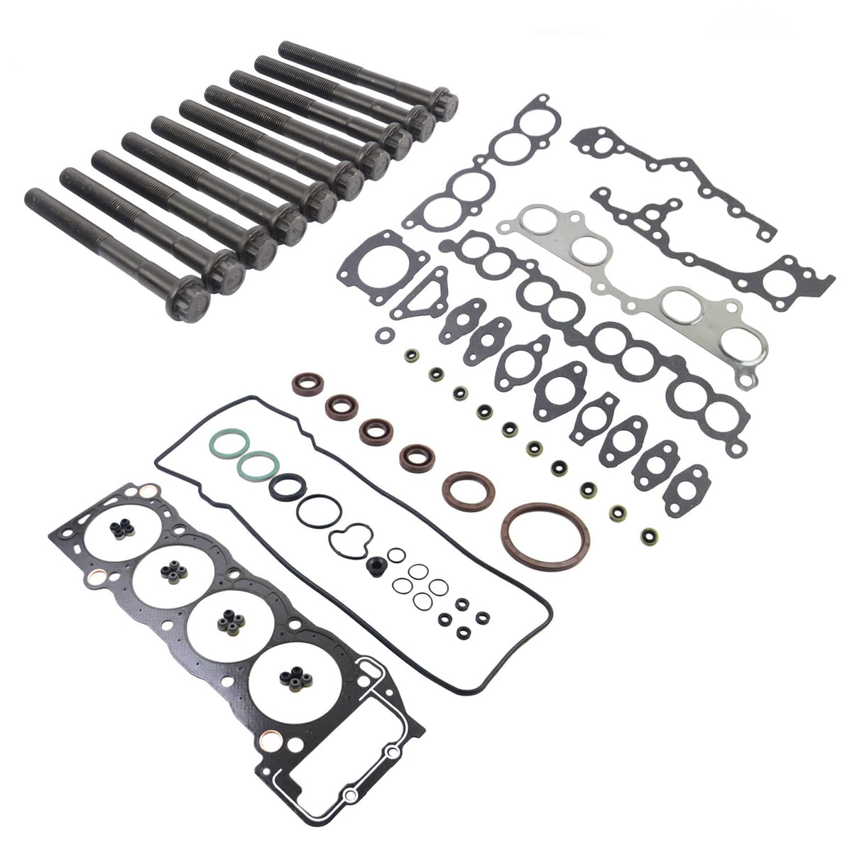 Engine head gasket set with bolts, kit pieces displayed: gaskets, seals, and bolts.