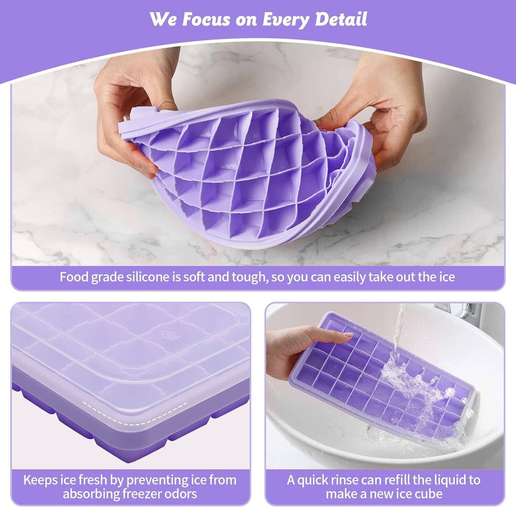 Flexible purple silicone ice cube tray with grid cavities and removable lid