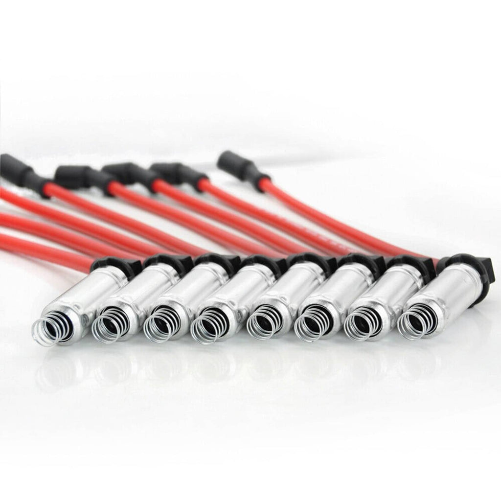Spark plug wire set with black boots and silver terminals on red ignition leads