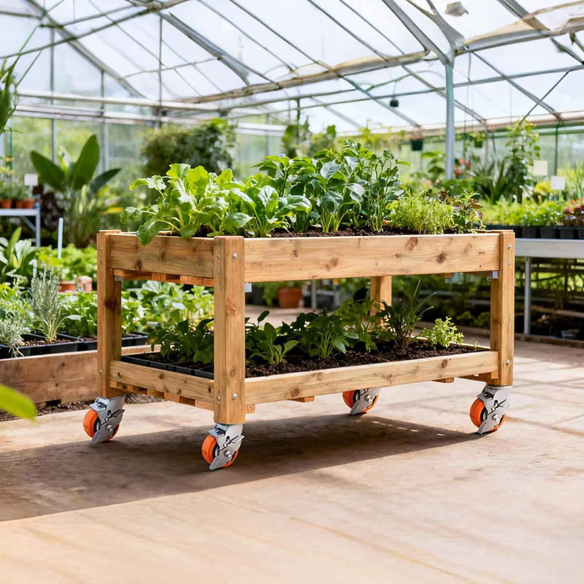 Caster wheels under a wooden planter cart with orange polyurethane tires