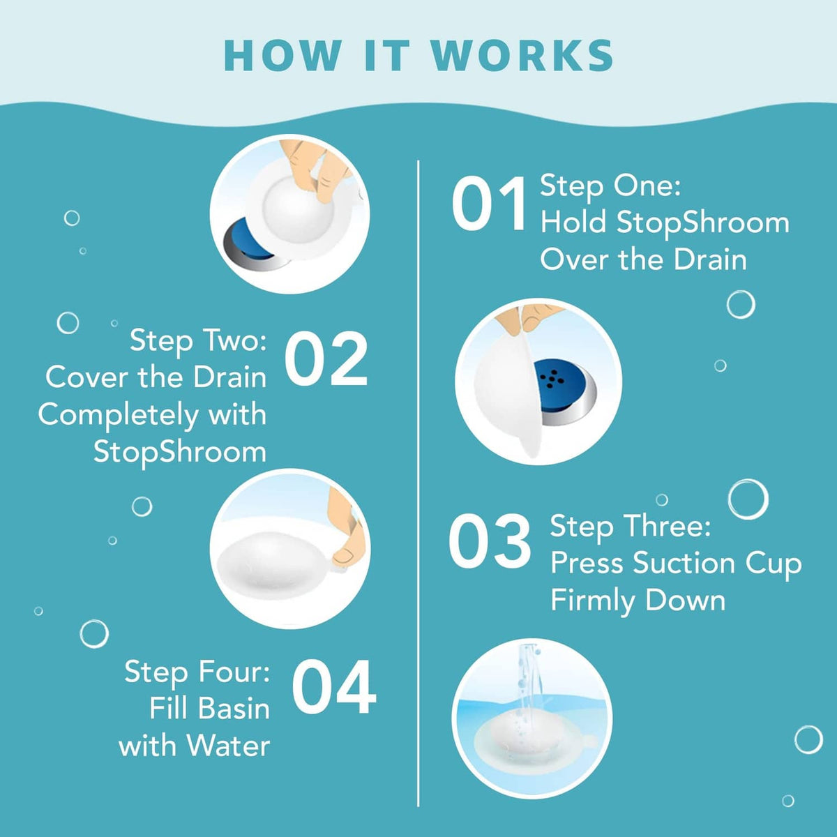 White mushroom-shaped silicone drain stopper plug shown in use steps