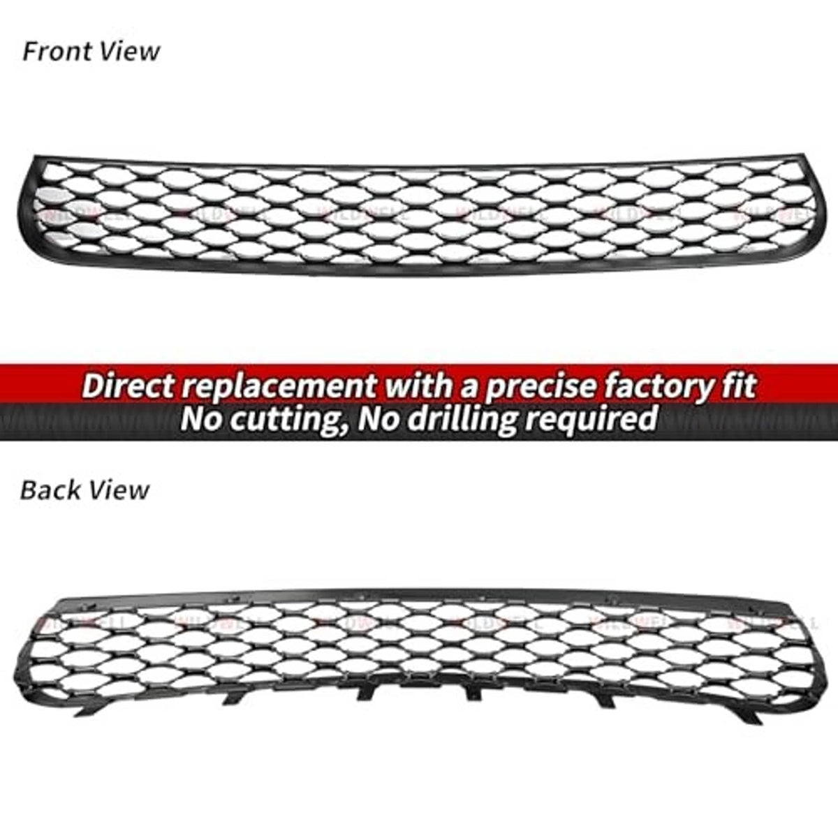Front and back view of honeycomb front lower grille with black frame