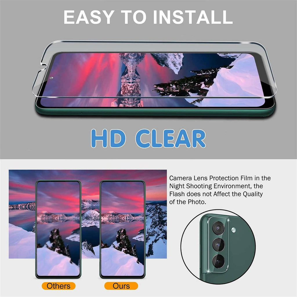 HD clear tempered glass screen protector for Galaxy S22, easy-install film with camera cutout