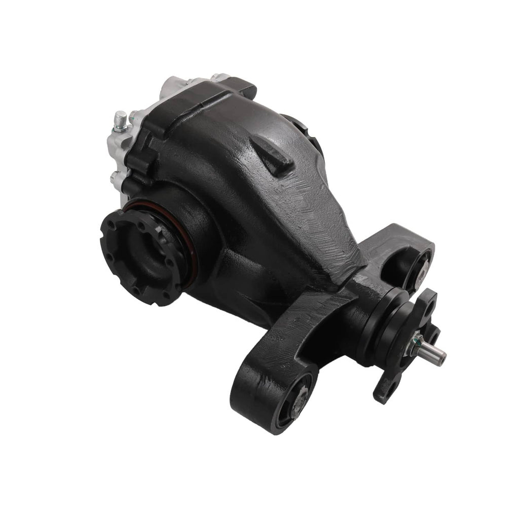 Rear differential carrier assembly angled view with black housing and output shaft