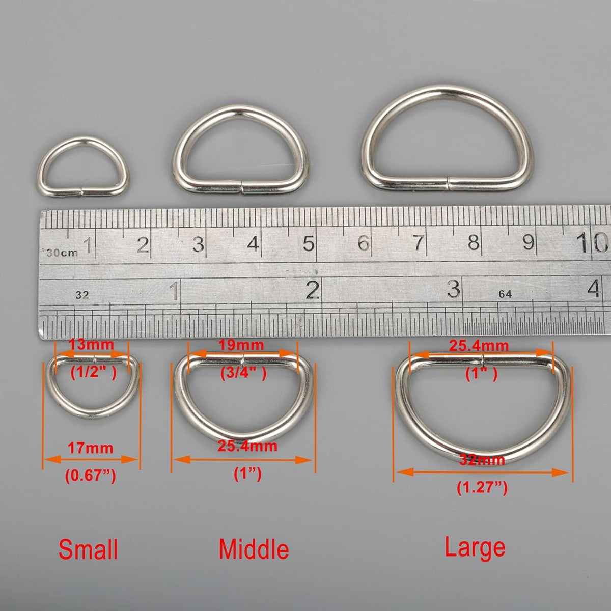 Nickel-plated D-rings in three sizes, metal loop buckles for straps