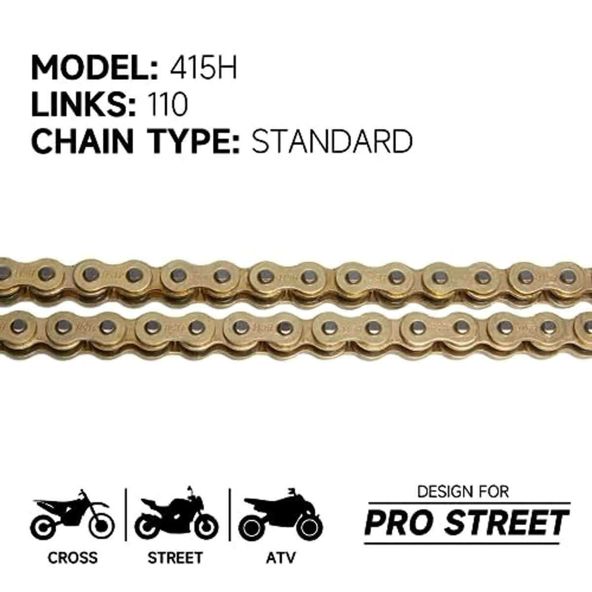 Gold motorcycle roller chain links, 415H, standard type, 110 links