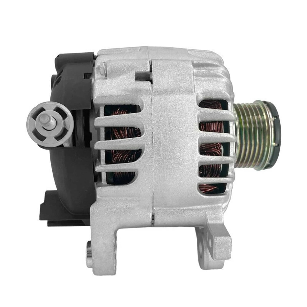 Silver alternator side view with ribbed pulley and cooling vents