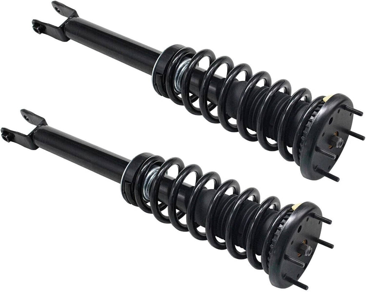 Front shock strut assembly with black coil springs and bracketed axle ends
