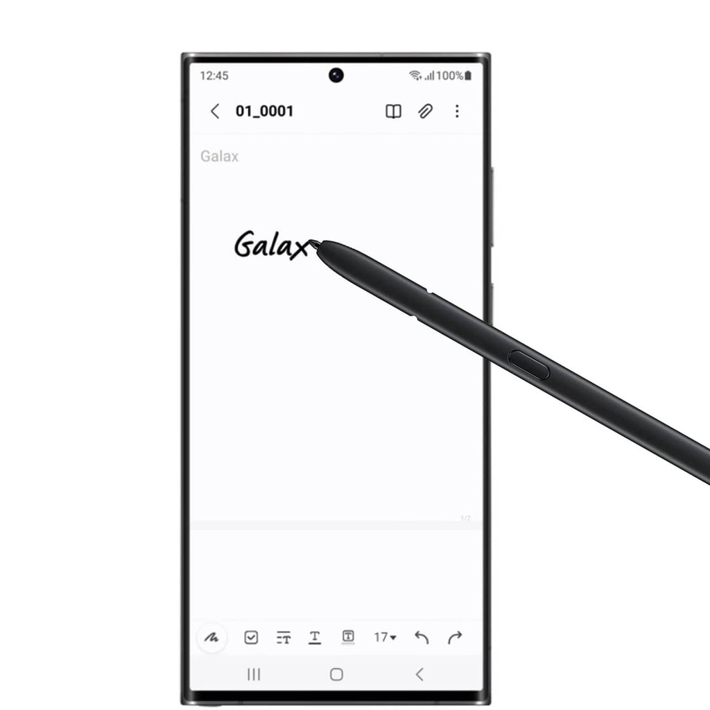 Black stylus writing on Galaxy screen, slim tip with side button