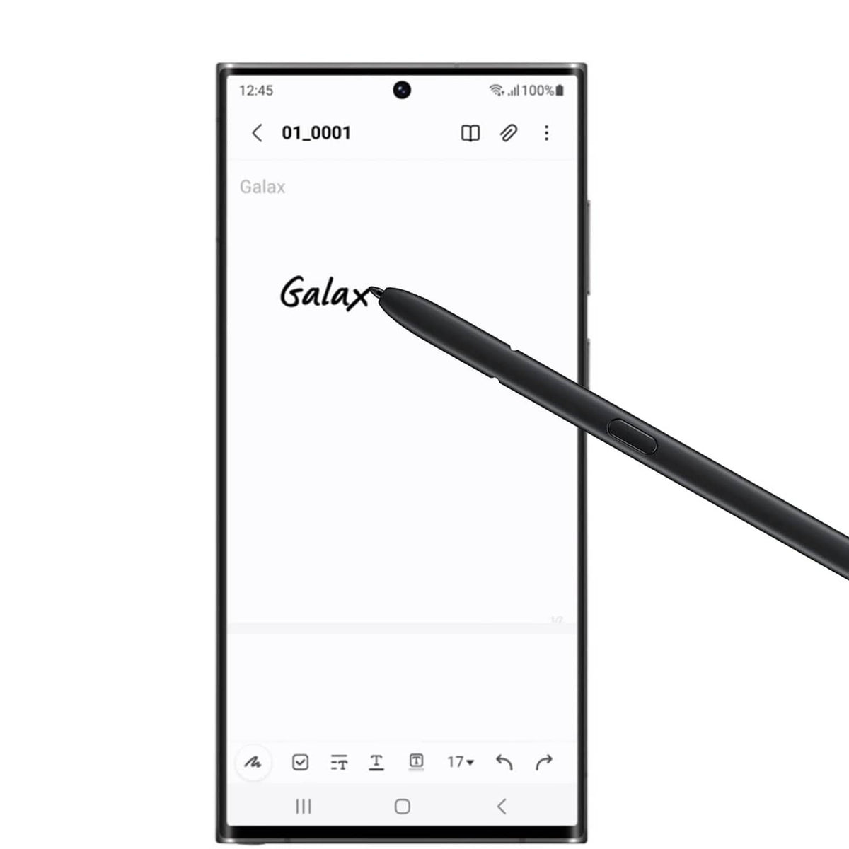 Black stylus writing on Galaxy screen, slim tip with side button