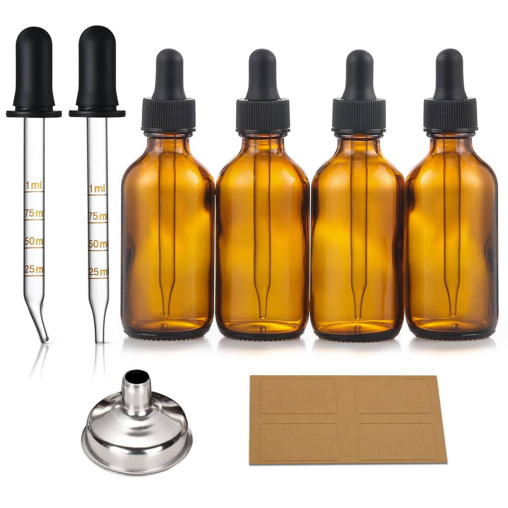 Set of amber glass dropper bottles with black caps and clear graduated pipettes