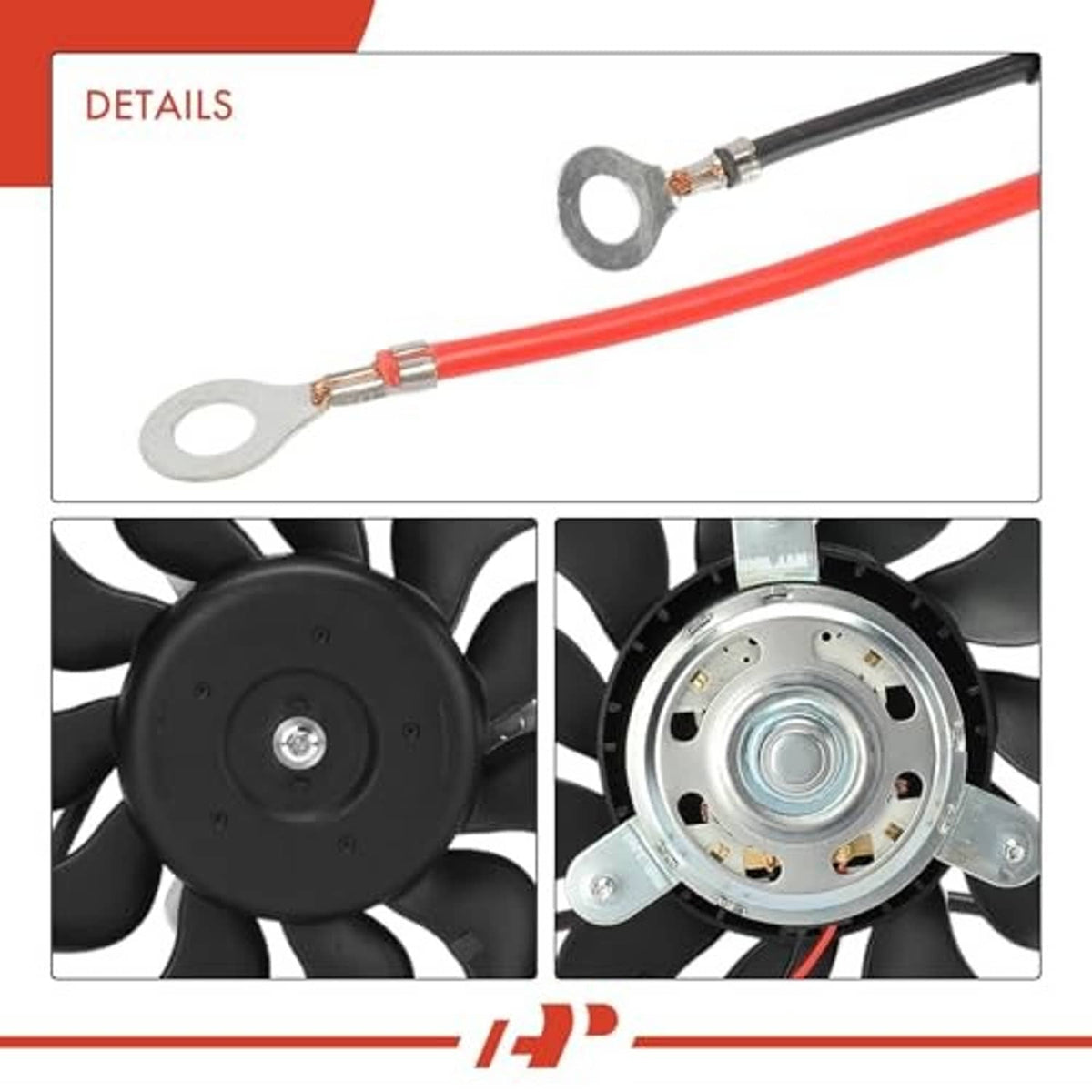 Radiator cooling fan assembly detail view with wiring ring terminals and motor hub