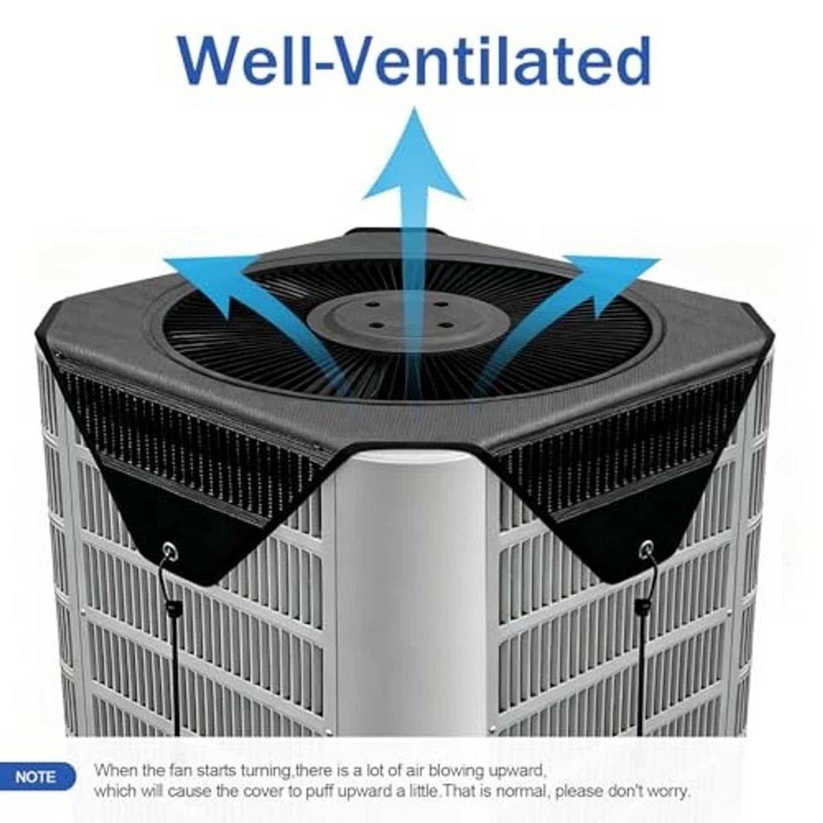 Well-ventilated AC cover with breathable mesh top over fan area and elastic straps