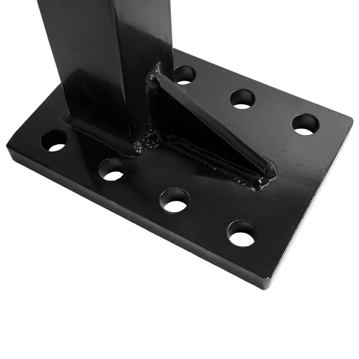 Black steel base plate with bolt holes and welded vertical mounting post