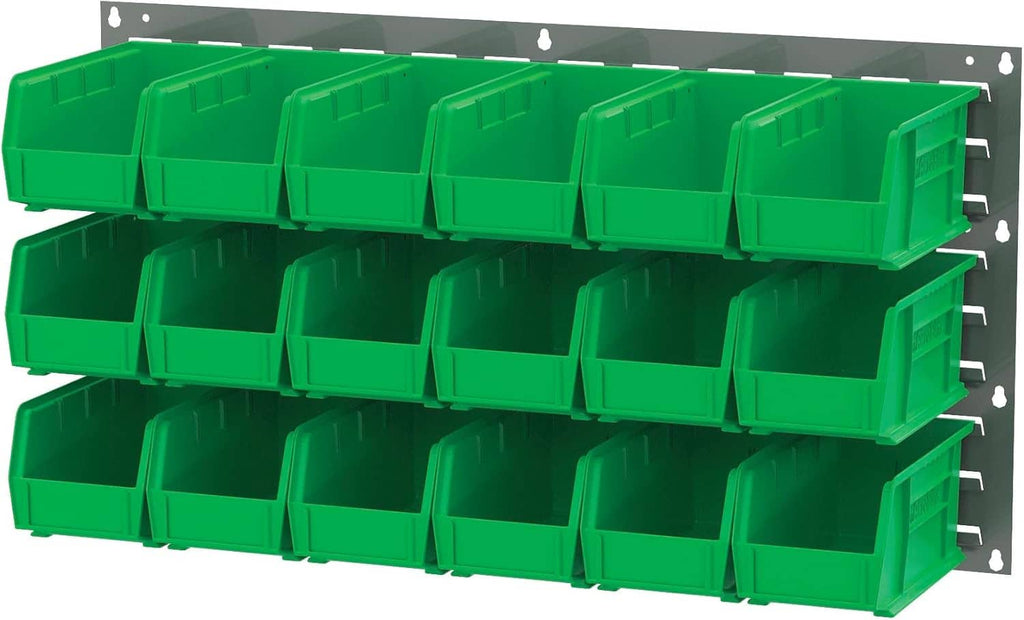Gray louvered panel with three rows of green heavy-duty storage bins
