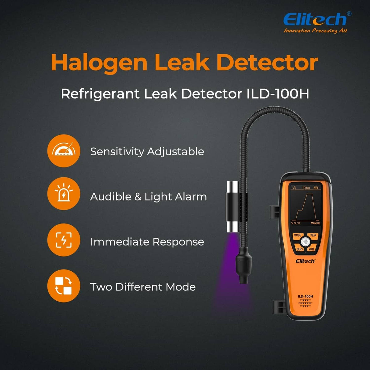 Handheld leak detector with orange case, screen, and alarm indicator icons