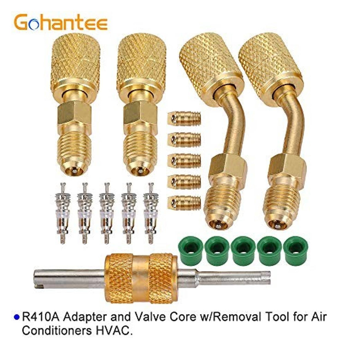 Brass R410A adapter set with curved fittings, valve cores, green seals, and core tool