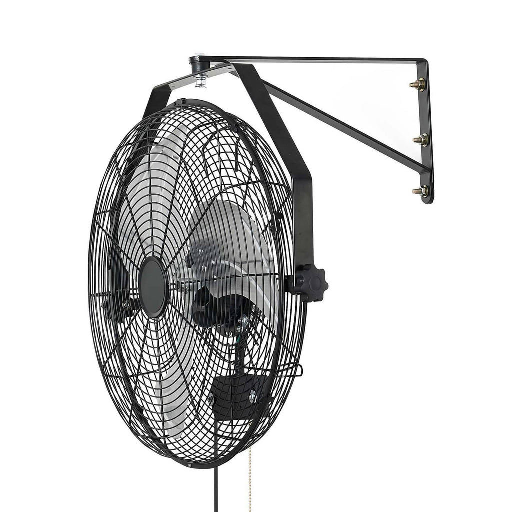Wall-mounted fan with black wire grille, 3-blade propeller, and metal mounting arm