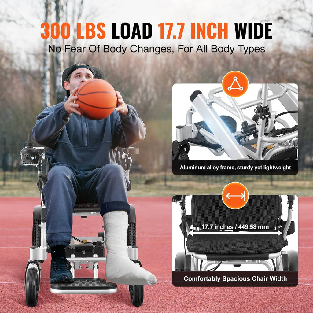 Foldable electric wheelchair with wide seat and sturdy frame with front caster wheels.