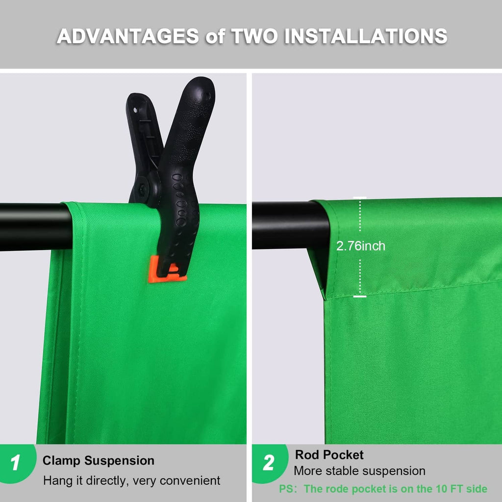 Green screen backdrop detail: clamp suspension and rod pocket installation points