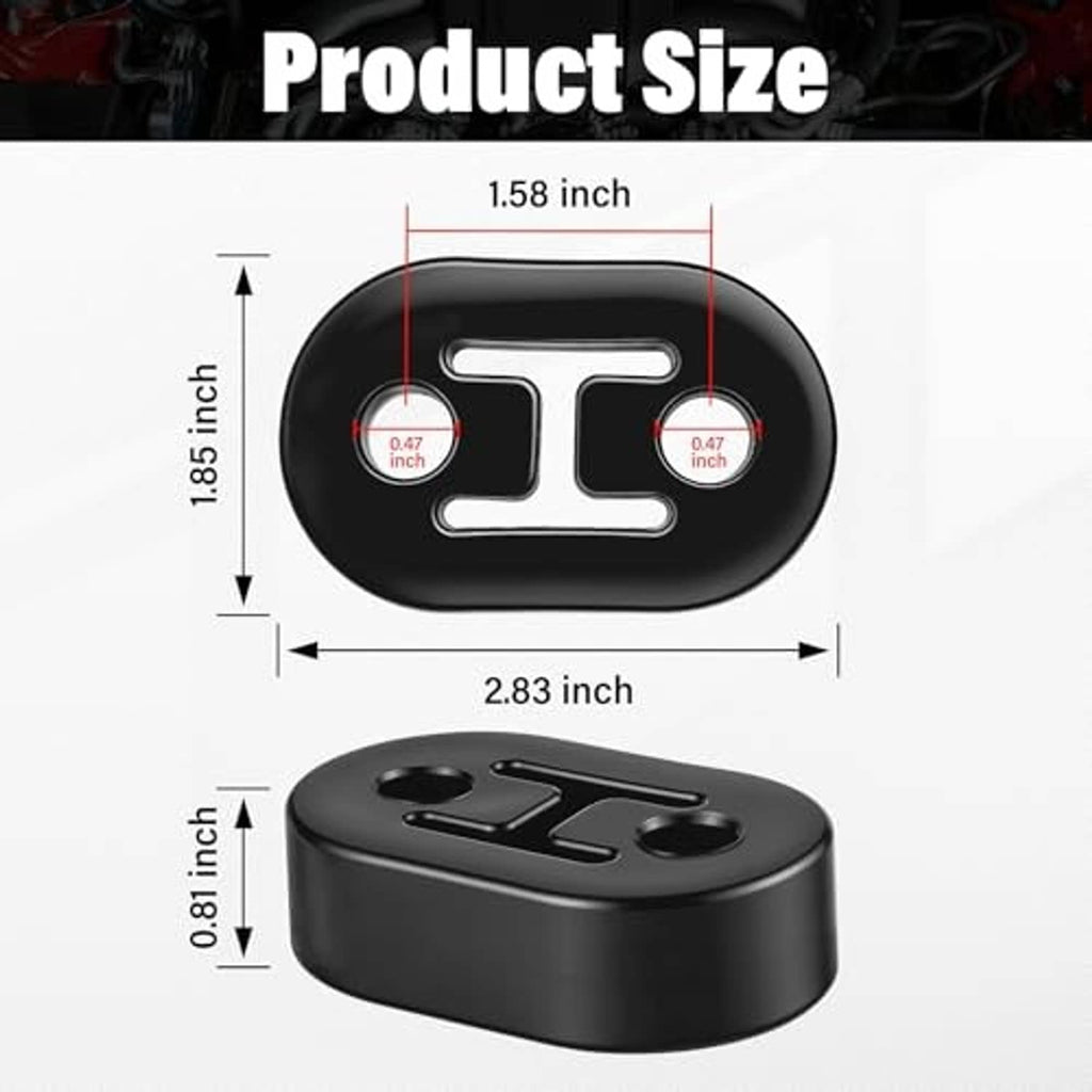 Black rubber exhaust hanger size diagram on an oval mounting block