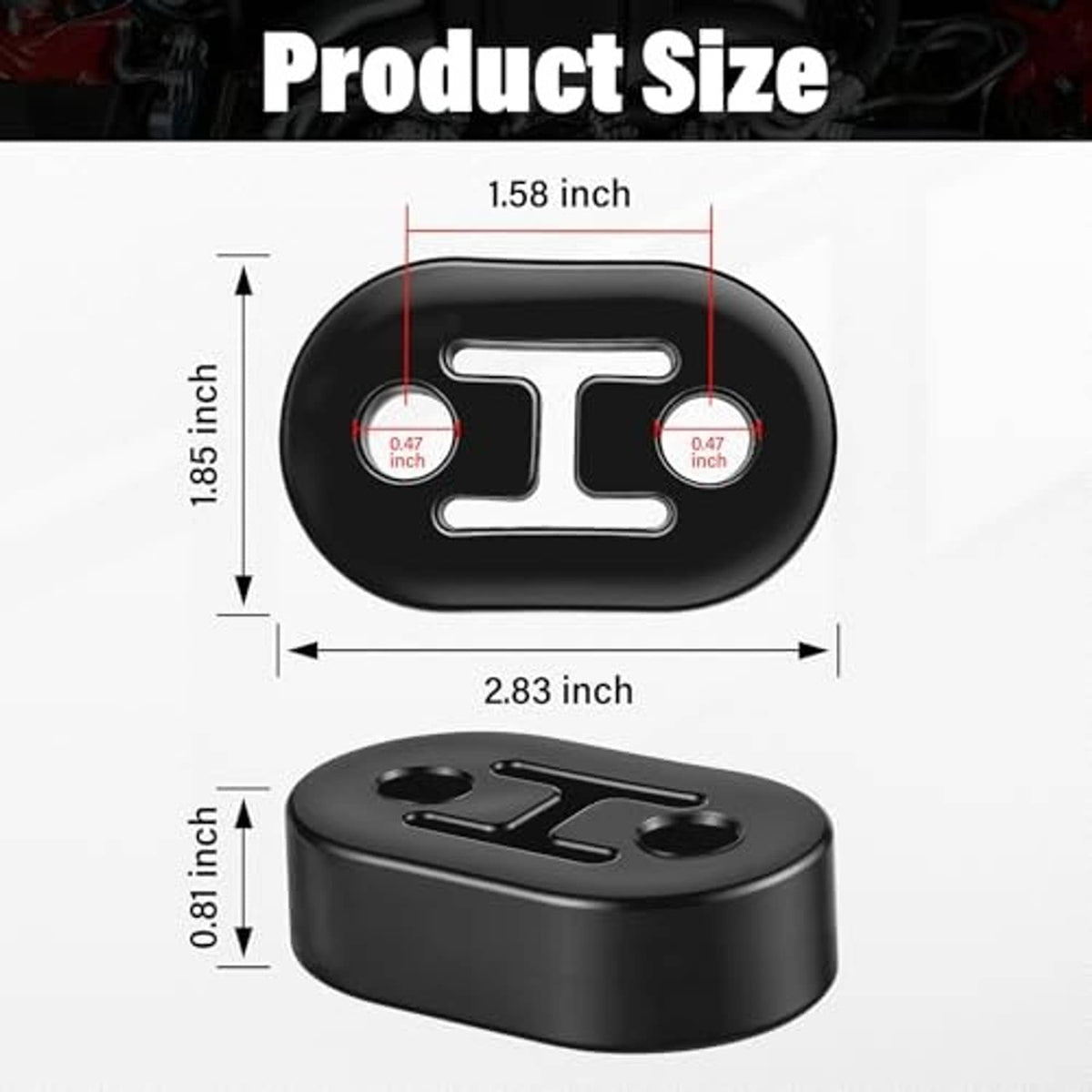 Black rubber exhaust hanger size diagram on an oval mounting block